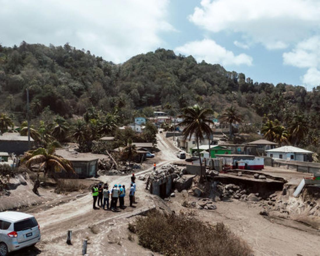 An aerial view in the red zone impacted by the La Soufrière volcano eruption in St. Vincent and the Grenadines.