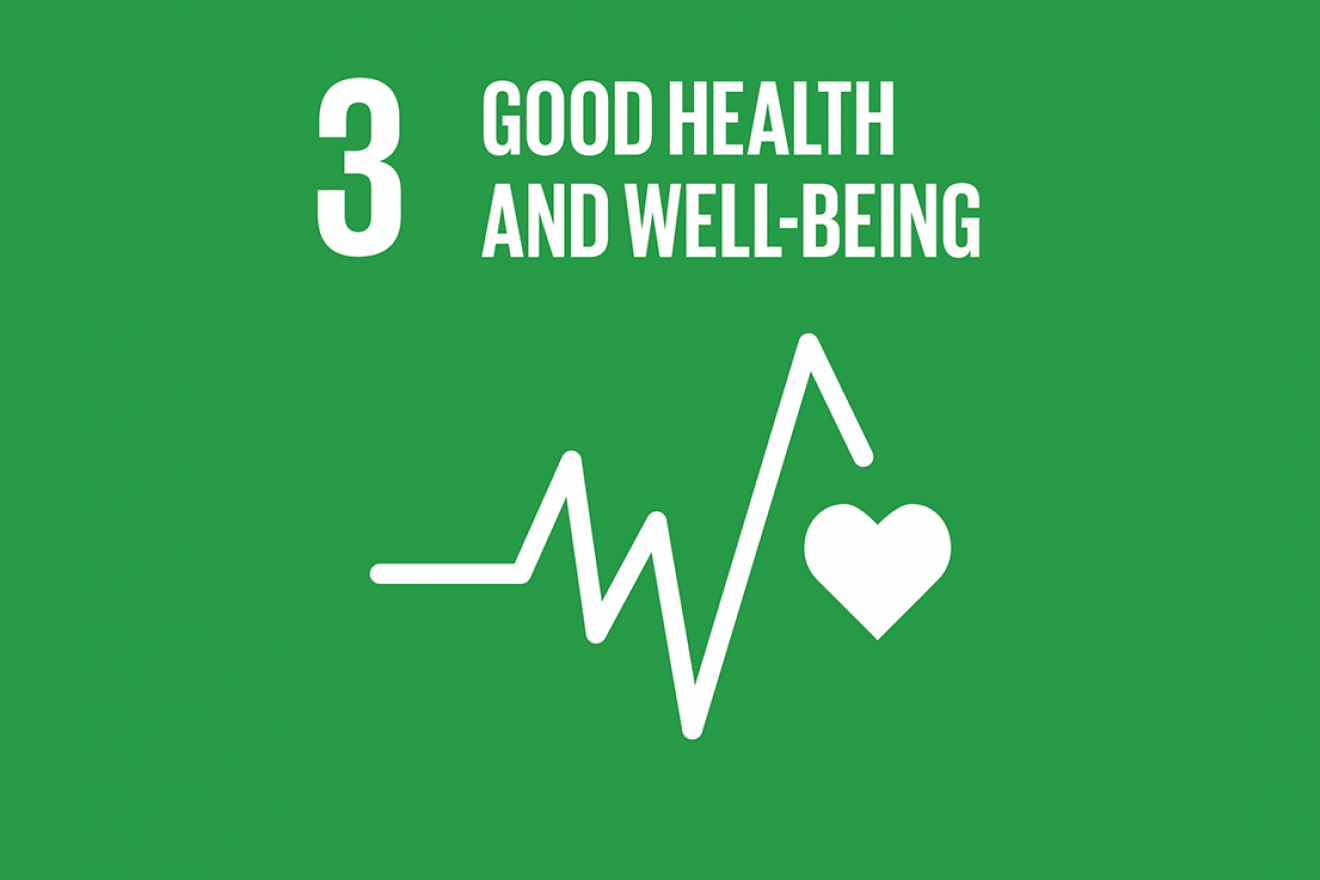 SDG Goal 3: Good health and wellbeing with drawing of heart monitor line and heart